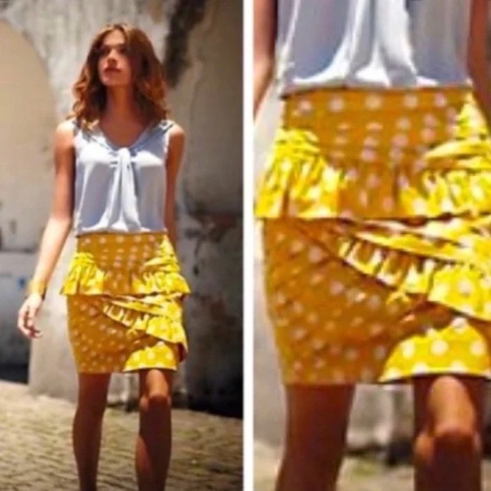 Anthropologie Leiftsdottir Yellow Polka Dot 100% Cotton Ruffled Mini Skirt‎ Sz 4